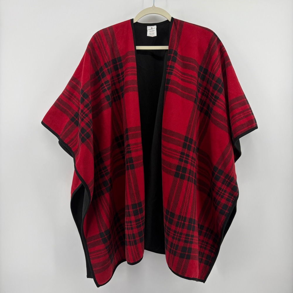 Woolrich Womens OS Red‎ Plaid Reversible Fleece Poncho Wrap Open Front Cape